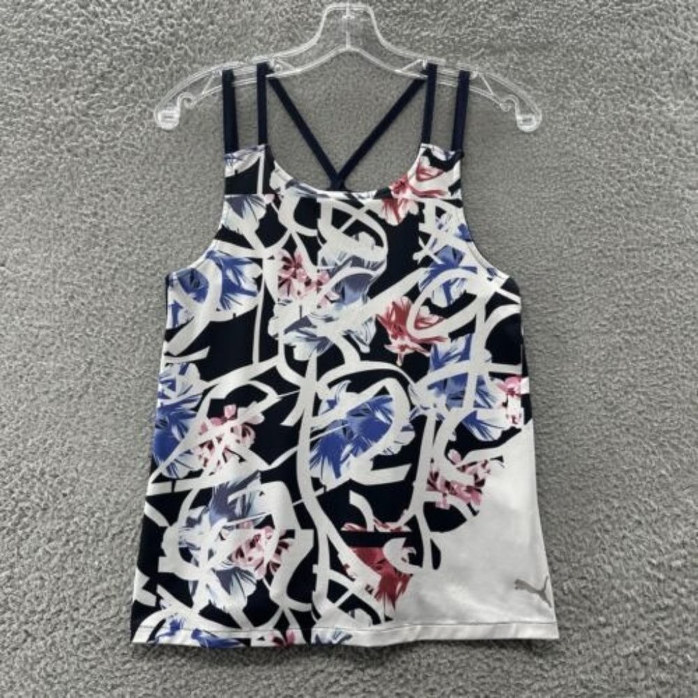 PUMA Tank Women's XS Blue & White Floral Strappy Racer Back Tank Top Ladies XS